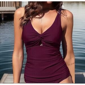 Zaful Womens One-Piece Tankini Top Only XL Red Maroon Twist Front Ruched Tummy